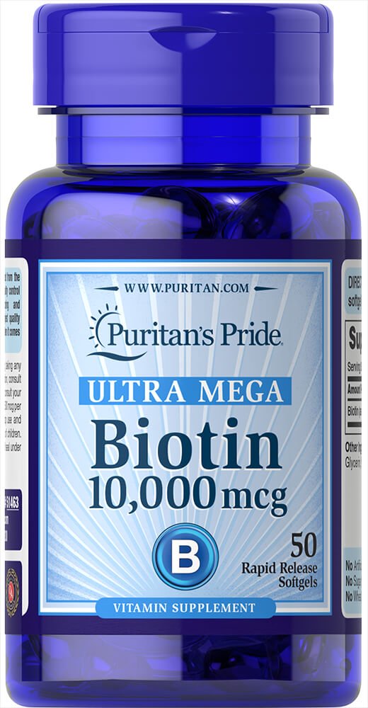 Puritan's Pride Biotina Ultra Mega 10000 mcg, envase, soporte para piel, cabello y uñas