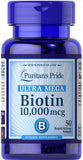 Puritan's Pride Biotina Ultra Mega 10000 mcg, envase, soporte para piel, cabello y uñas