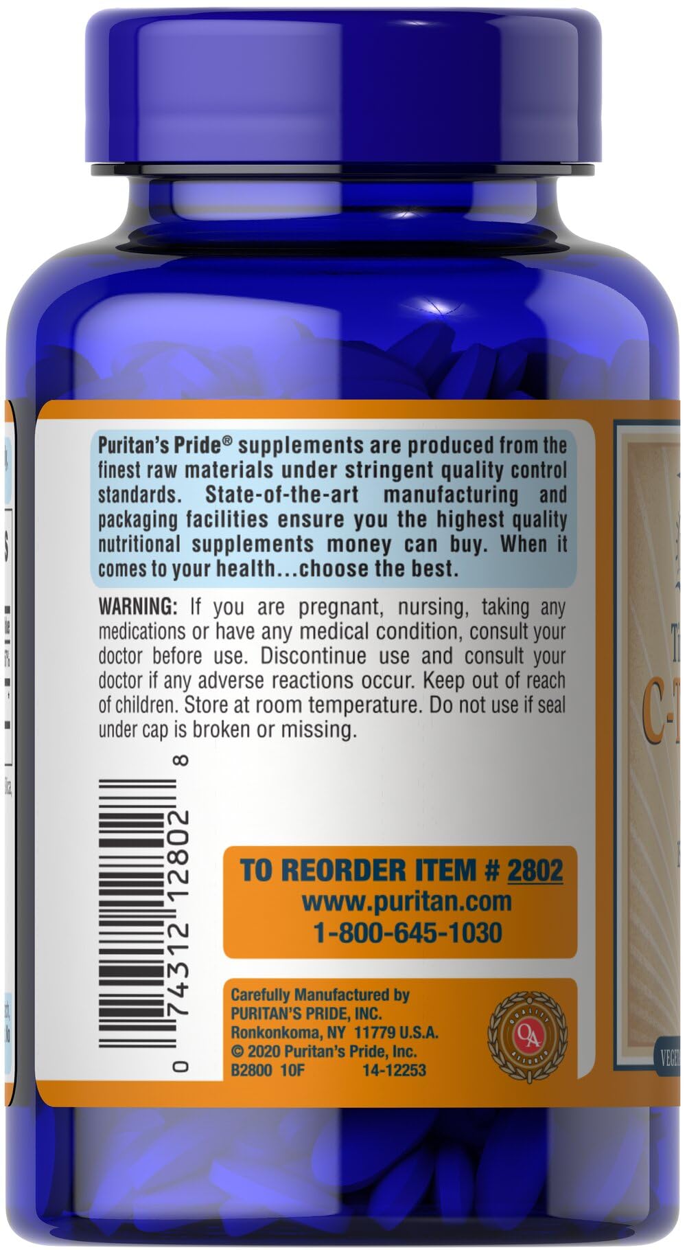 Puritan's Pride vitamina C 1500 mg, etiqueta visible para referencia rápida