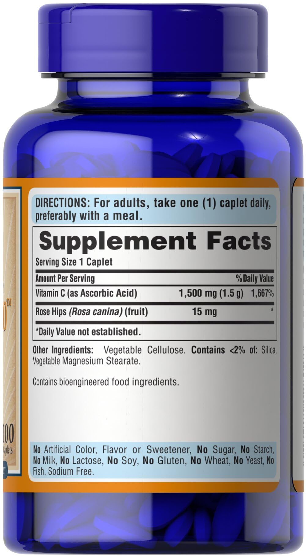 Puritan's Pride vitamina C 1500 mg, cápsulas con bayas de rosa, presentación ordenada