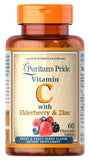 Puritan's Pride Vitamina C con saúco y zinc, envase visible para apoyo inmunológico diario.