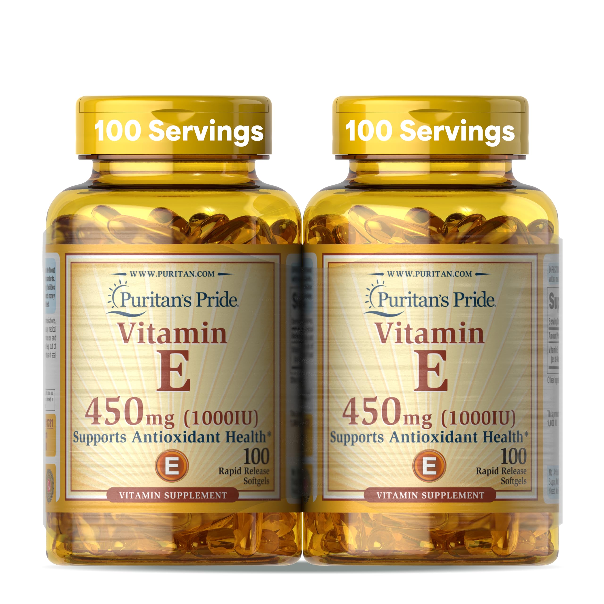 Puritan's Pride Vitamina E 450 mg, botella frontal, apoyo antioxidante diario