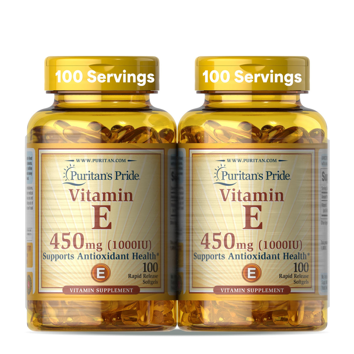 Puritan's Pride Vitamina E 450 mg, botella frontal, apoyo antioxidante diario