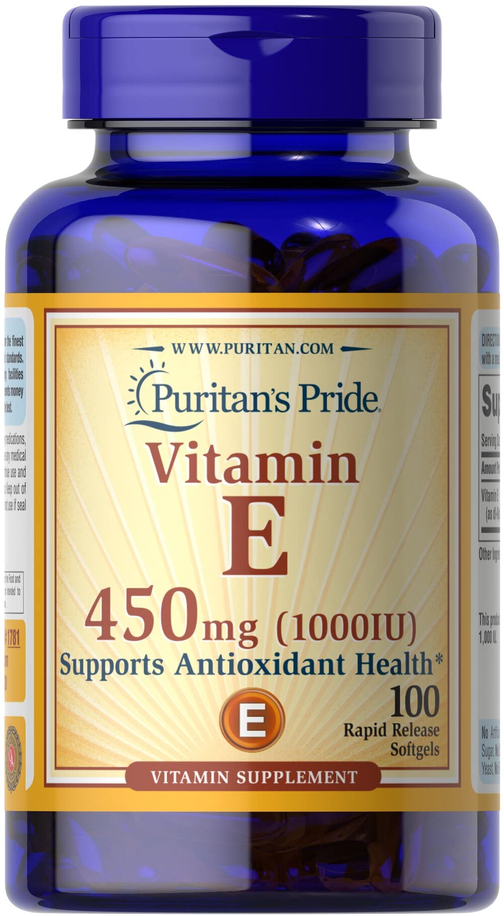 Puritan's Pride Vitamina E 450 mg: botella de formato rápido para apoyar piel y función inmune