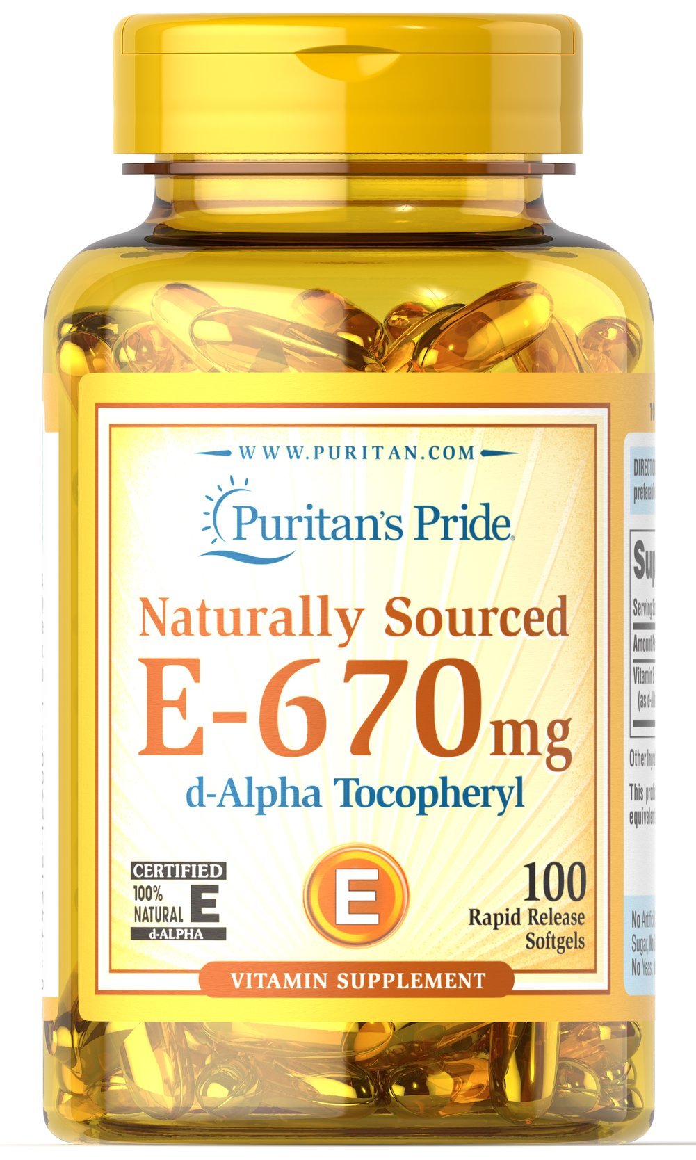 Puritan's Pride Vitamina E 670 mg, envase práctico para soporte antioxidante diario.