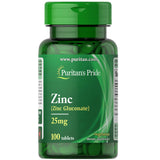 Puritan's Pride Zinc 25 mg, botella frontal, posible apoyo al sistema inmunitario.