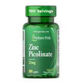 Puritan's Pride Zinc Picolinato 25 mg, empaque, soporte general para el sistema inmunitario.