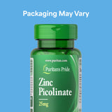 Puritan's Pride Zinc Picolinato 25 mg, cápsula frontal, muestra la dosis diaria.