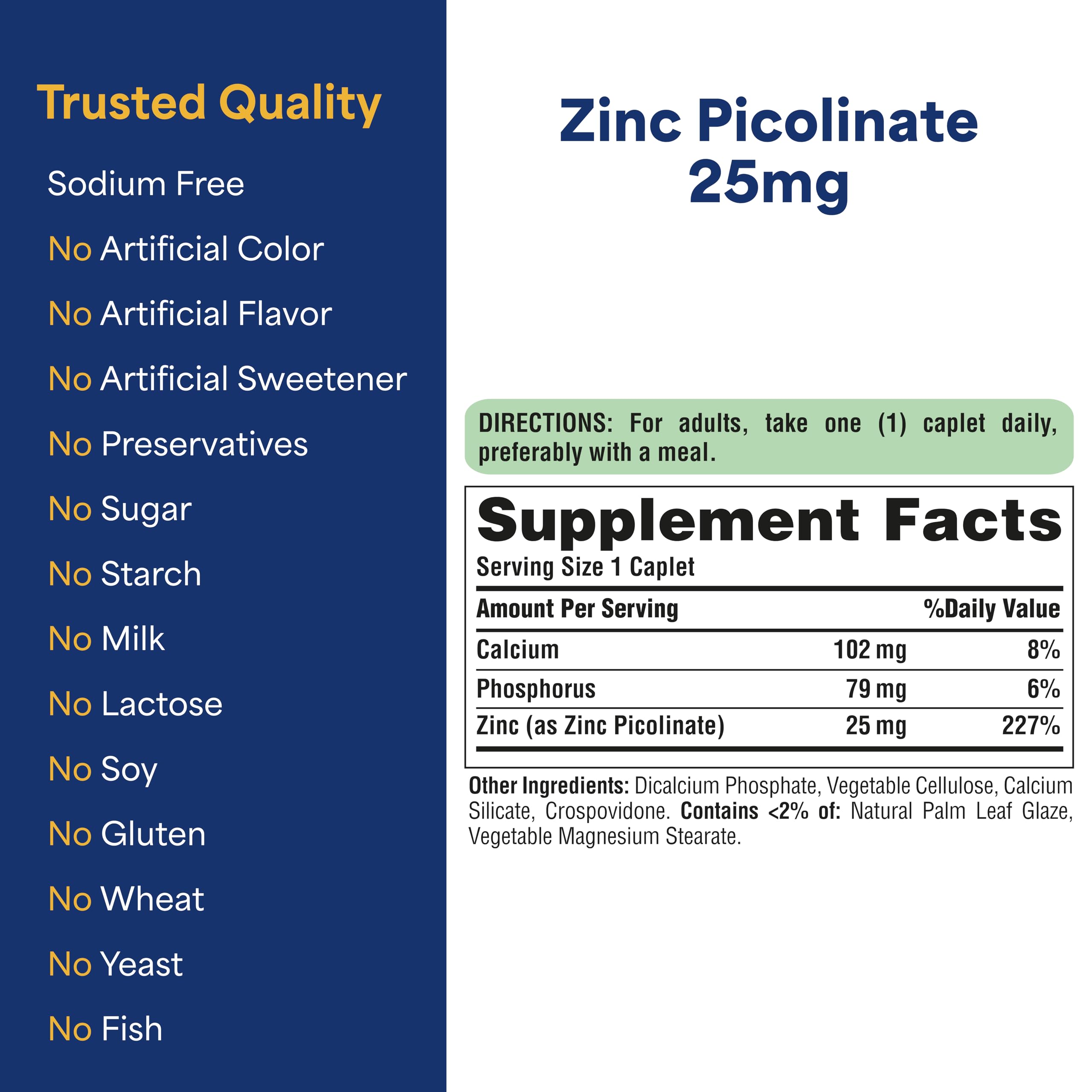 Puritan's Pride Zinc Picolinato 25 mg, composición mineral, énfasis en soporte diario.
