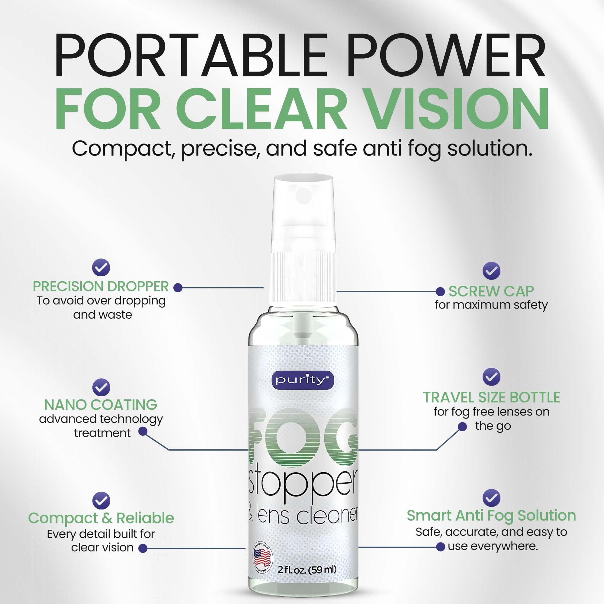 Purity Fog Stopper limpia lentes con paño de microfibra para evitar manchas