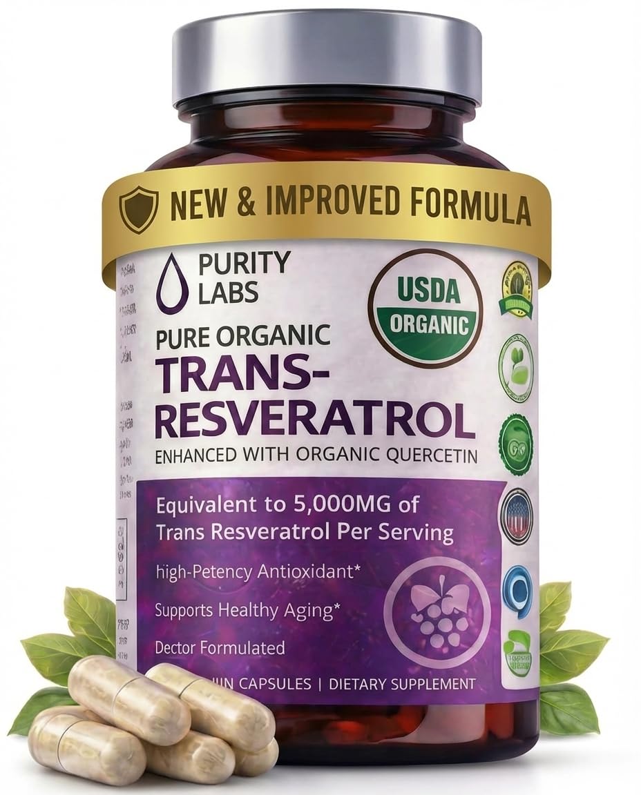 Purity Labs Trans-Resveratrol: frasco de cápsulas para bienestar diario