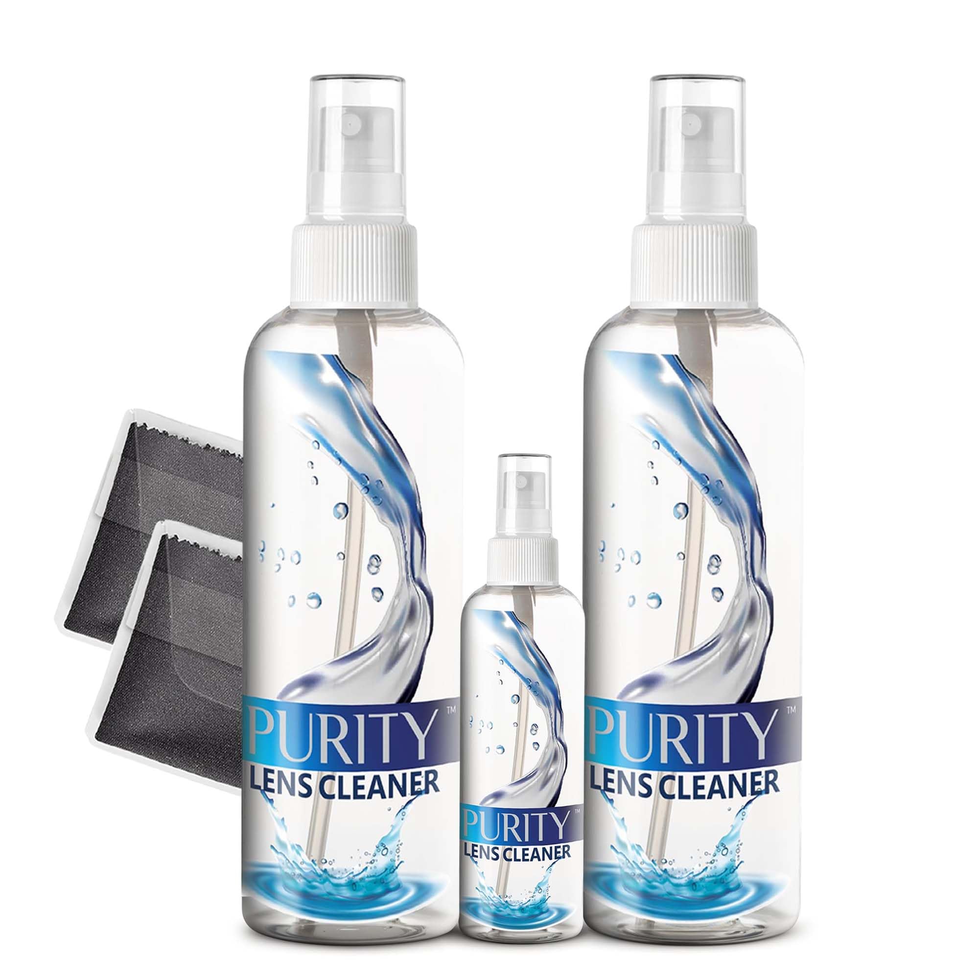 Purity limpiador de lentes en kit 2x8oz y spray 2oz para limpieza diaria.