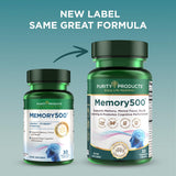 Purity Memory500 etiqueta clara, información de dosis y beneficios para el usuario.