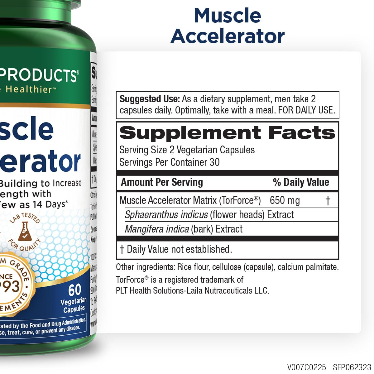 Etiqueta del Acelerador Muscular de Purity con diseño claro y profesional.