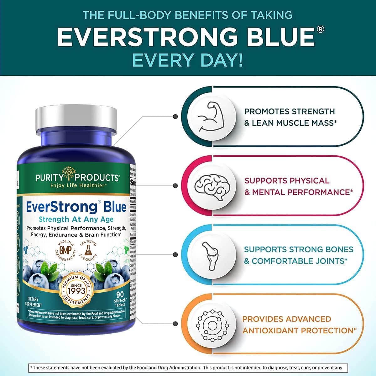 Purity Products EverStrong Blue, arándanos orgánicos, antioxidantes para células y tejido muscular.