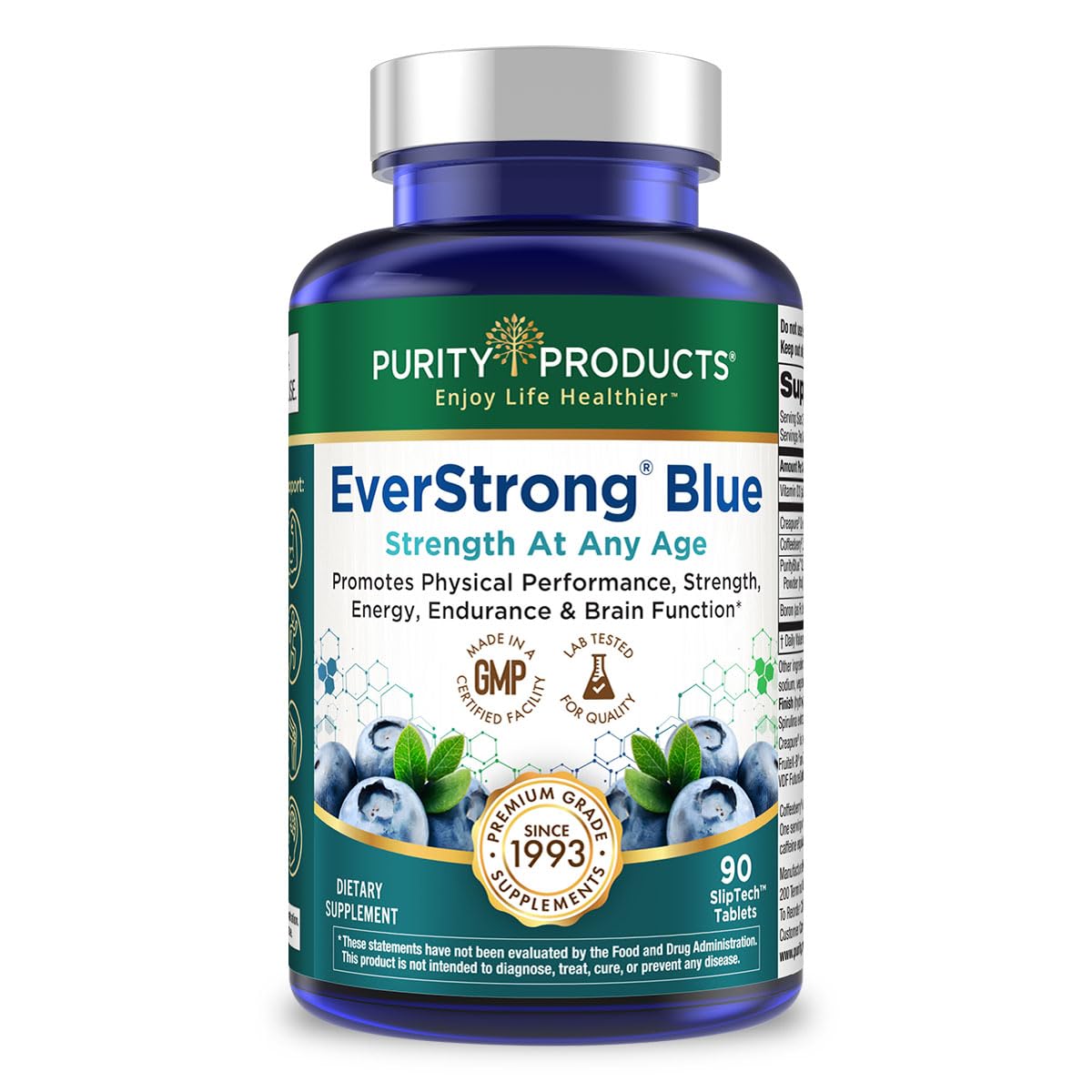 Purity Products EverStrong Blue, botella de empaque, ideal para uso diario en entrenamientos.