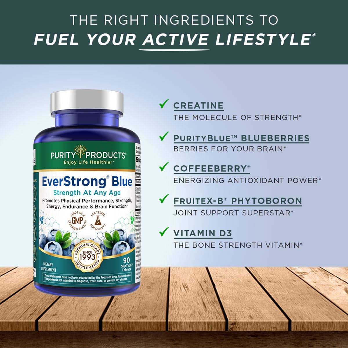 Purity Products EverStrong Blue, mezcla de cofactores para energía sostenida durante el día.