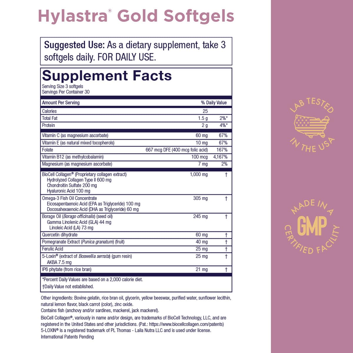 Purity Products Hylastra Gold, cápsulas blandas dentro del frasco para uso diario.