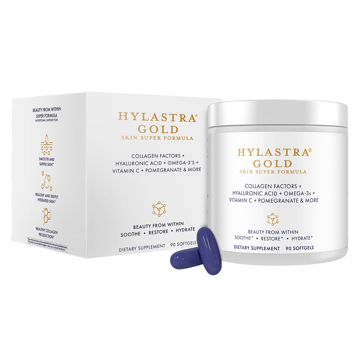 Purity Products Hylastra Gold, cápsulas blandas en frasco para hidratación de la piel.