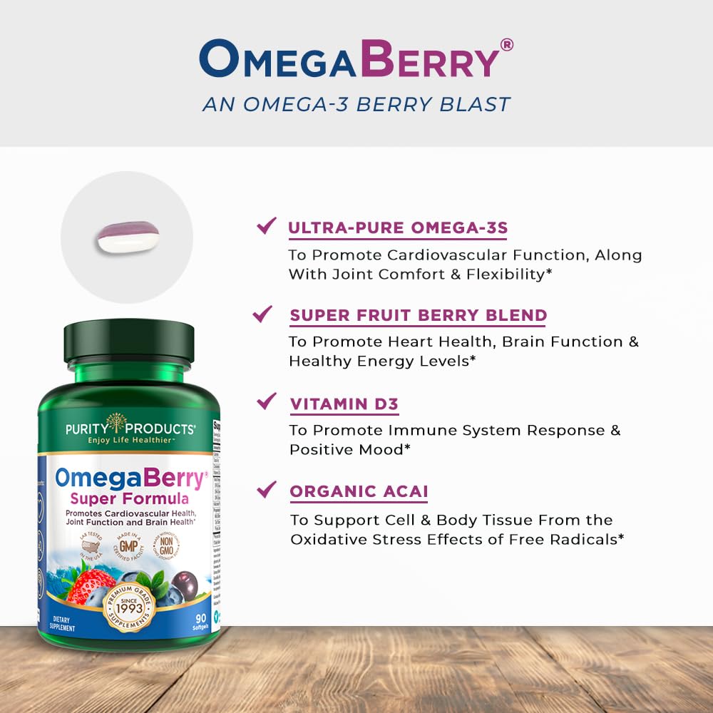 Purity Products OmegaBerry etiqueta nutricional destaca DHA, EPA y D3