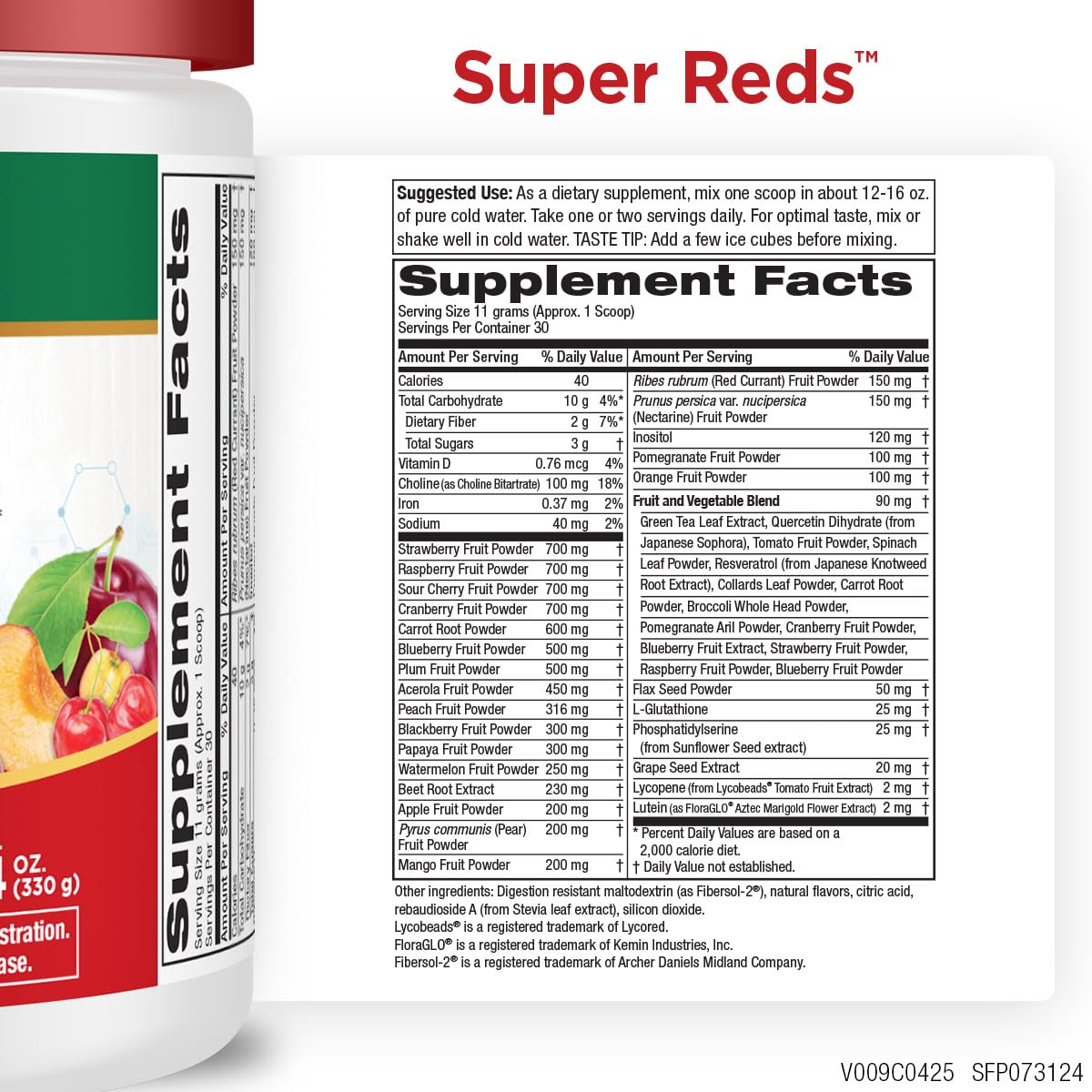 Purity Products Super Reds envase 330 g para dosis diaria de color y nutrientes.