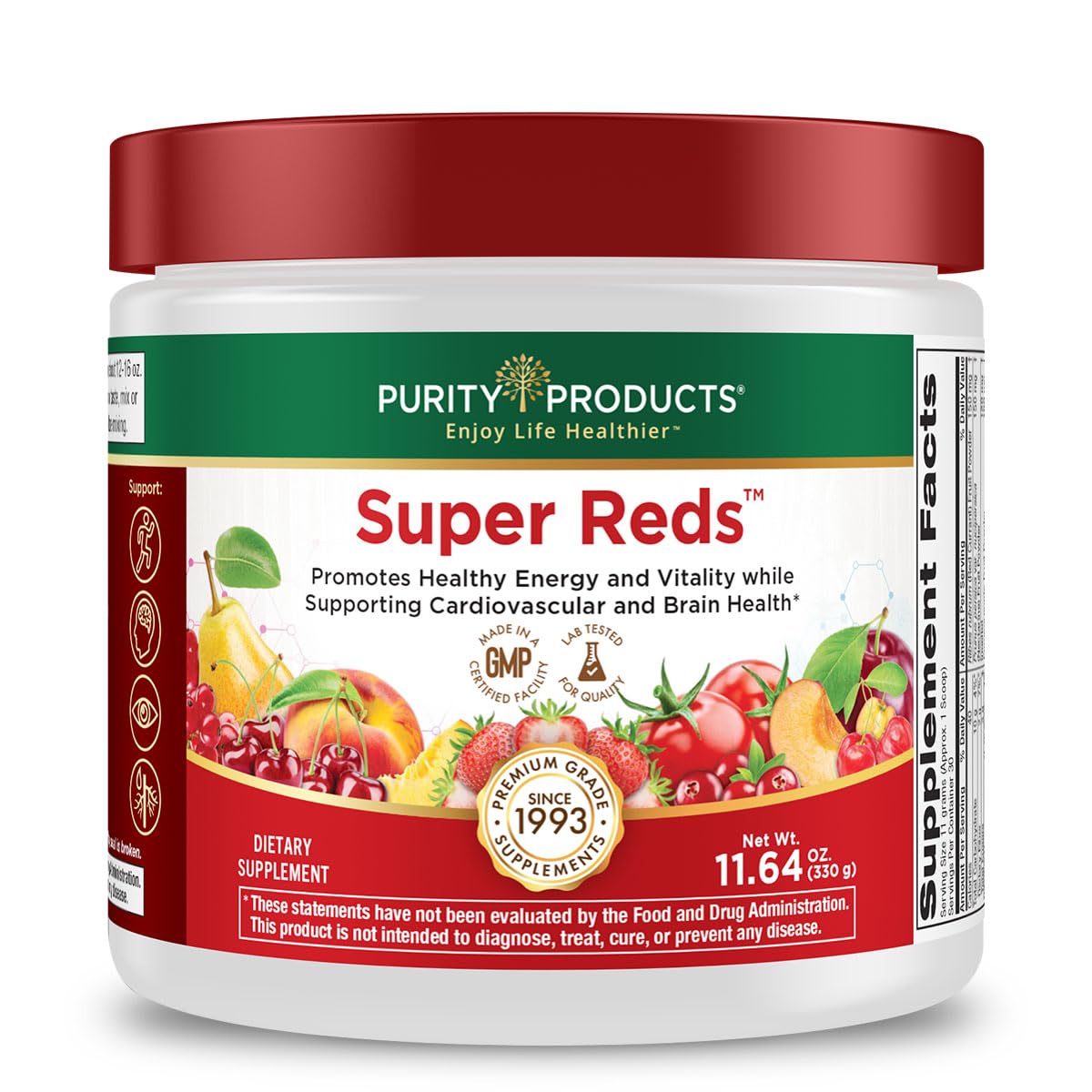 Purity Products Super Reds polvo phytonutriente listo para batidos antioxidantes diarios.
