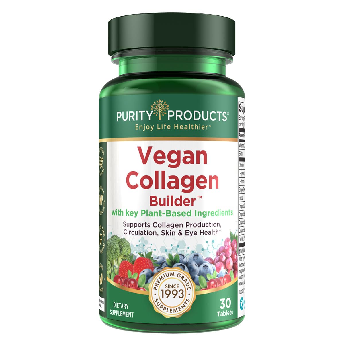 Purity Products Vegan Collagen Builder en botella de tabletas para uso diario.