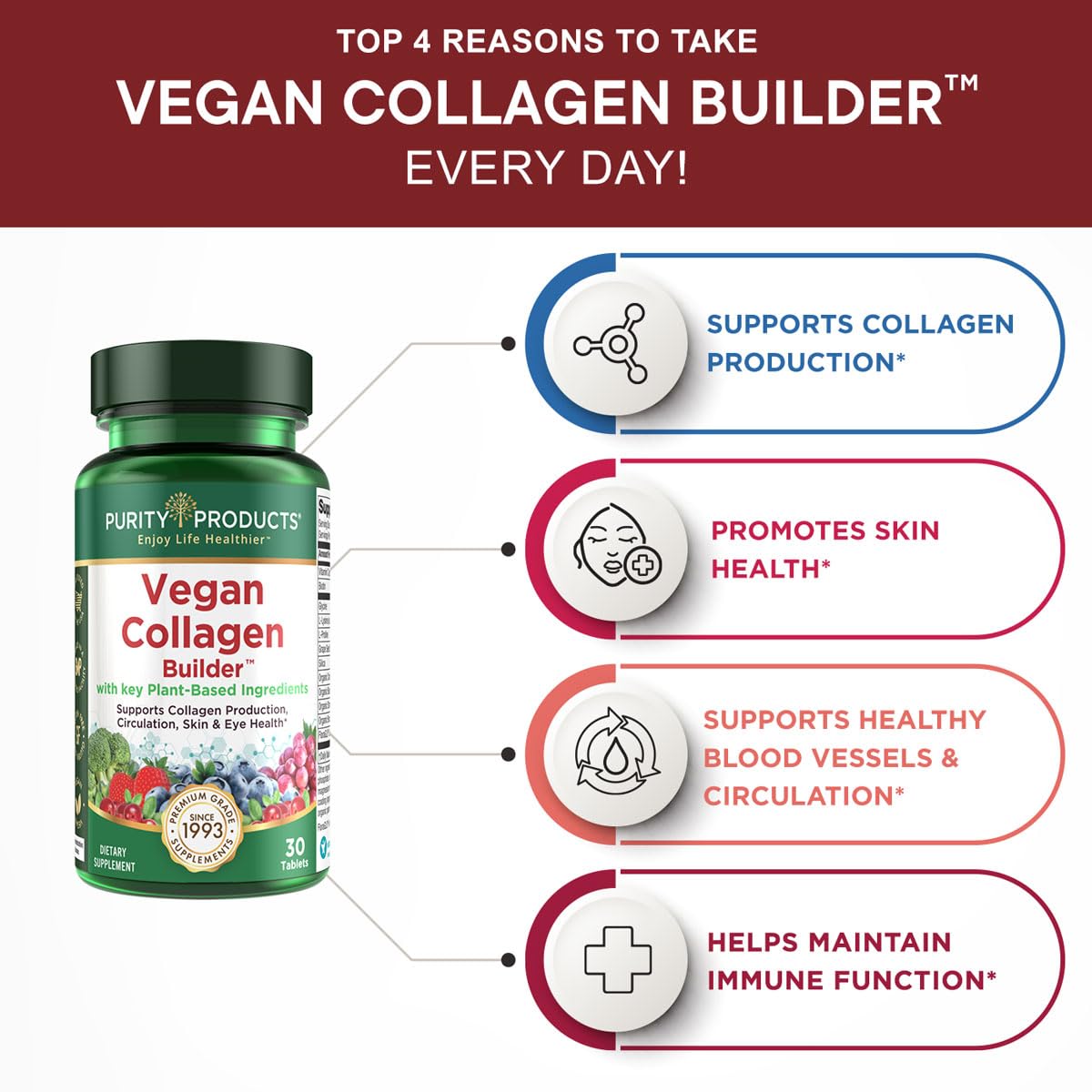 Purity Products Vegan Collagen Builder, etiqueta cGMP que garantiza calidad.