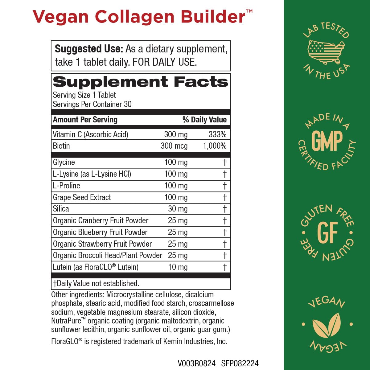 Purity Products Vegan Collagen Builder, tableta individual para tragar fácilmente.