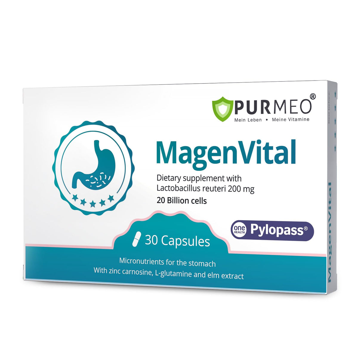 Purmeo H. pylori Probiotico, botella de cápsulas, apoyo digestivo diario.