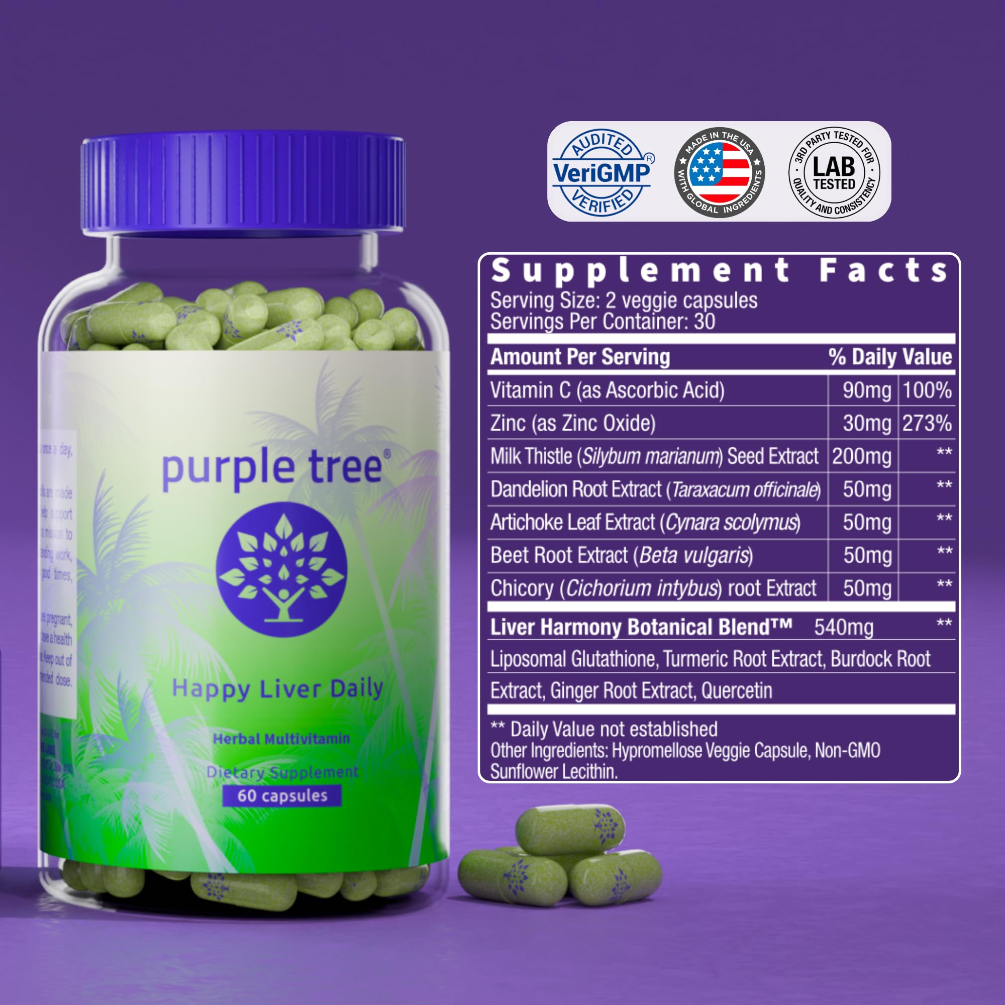 Purple Tree Happy Liver Daily certificado California, garantía de calidad.