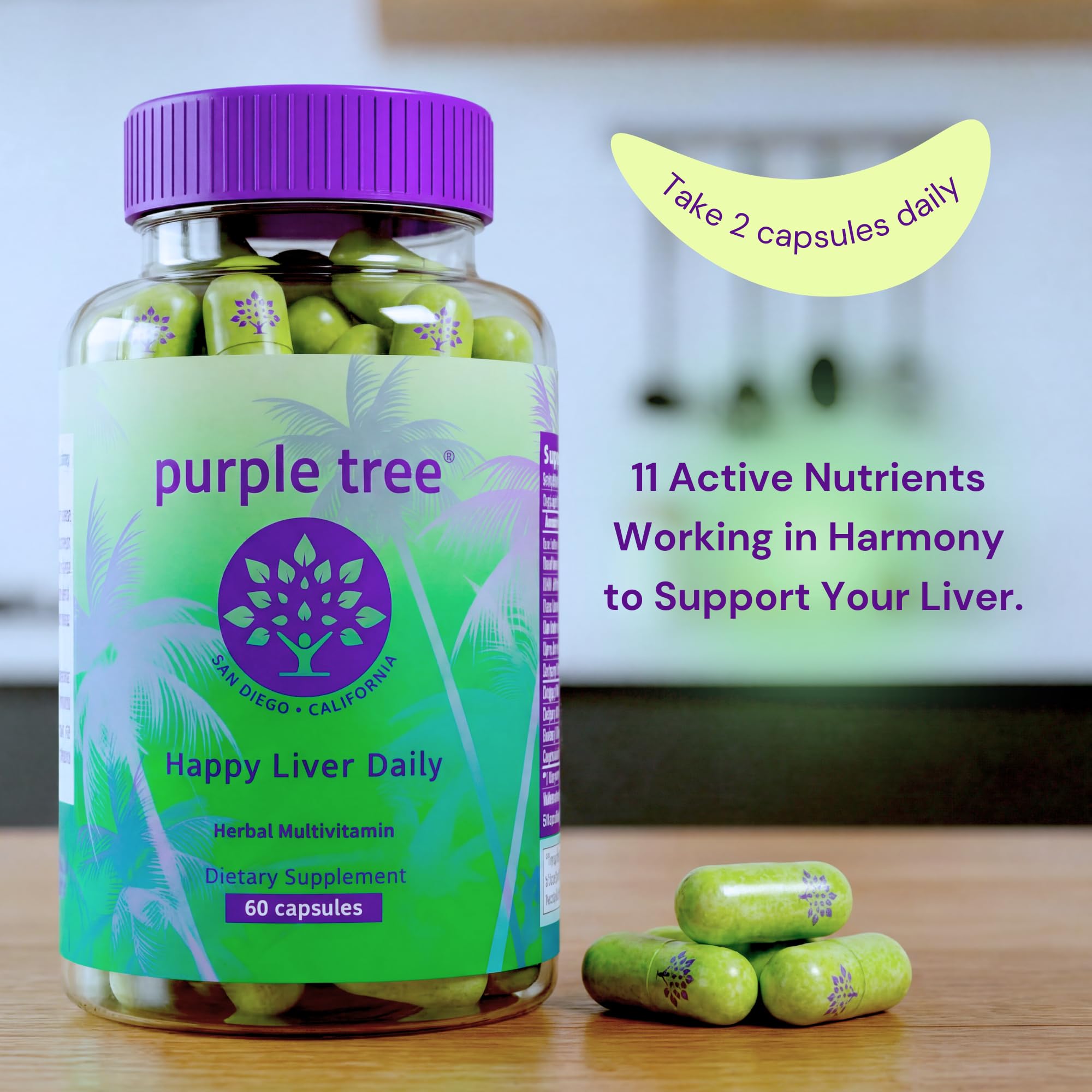 Purple Tree Happy Liver Daily cápsulas veganas para soporte antioxidante diario.