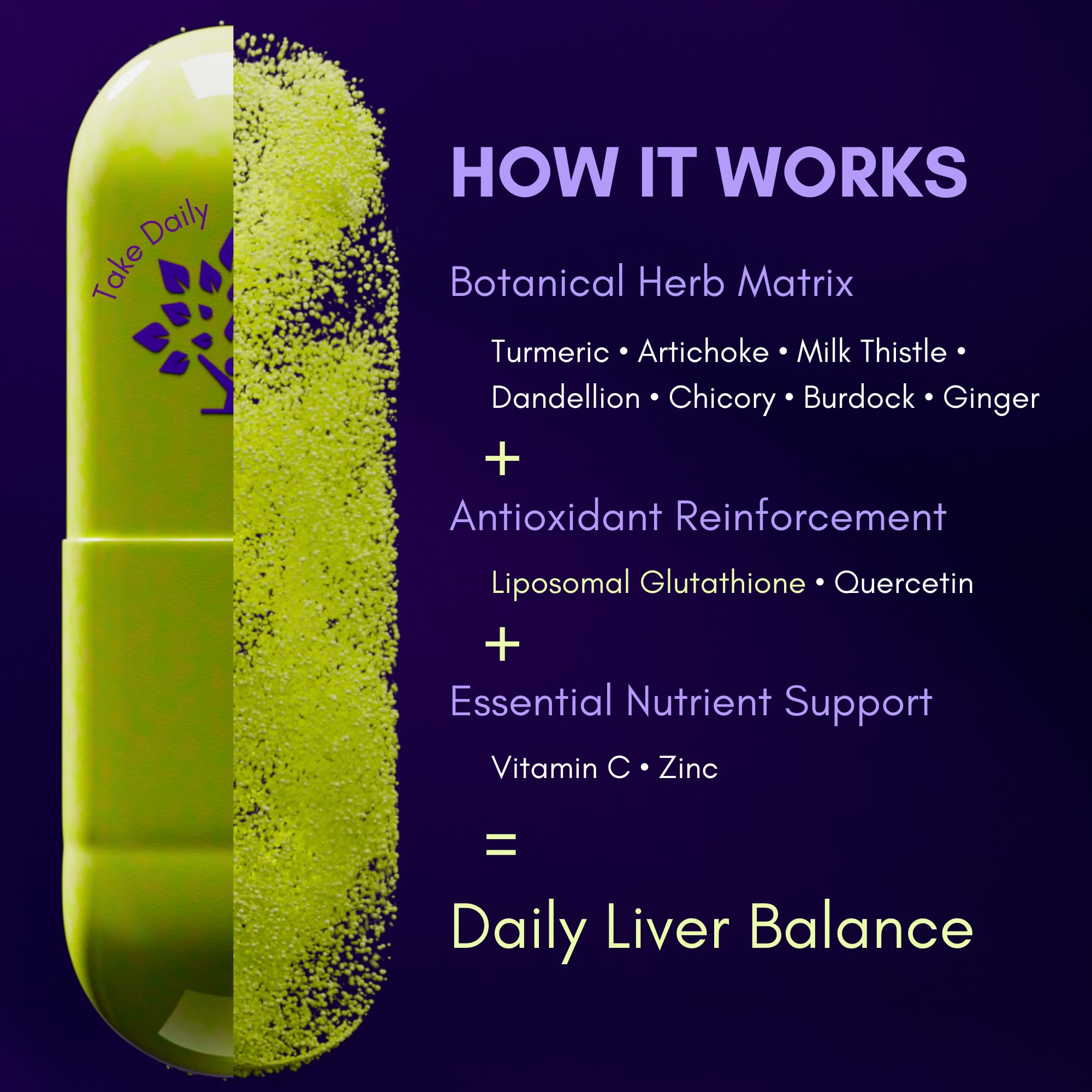 Purple Tree Happy Liver Daily etiqueta clara facilita dosis y uso diario.