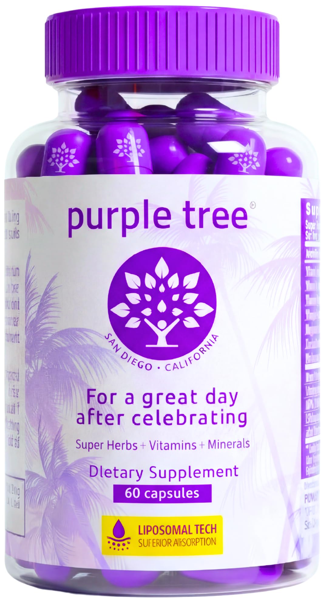 Purple Tree Post-Celebración: botella lista para apoyar hidratación tras fiestas.