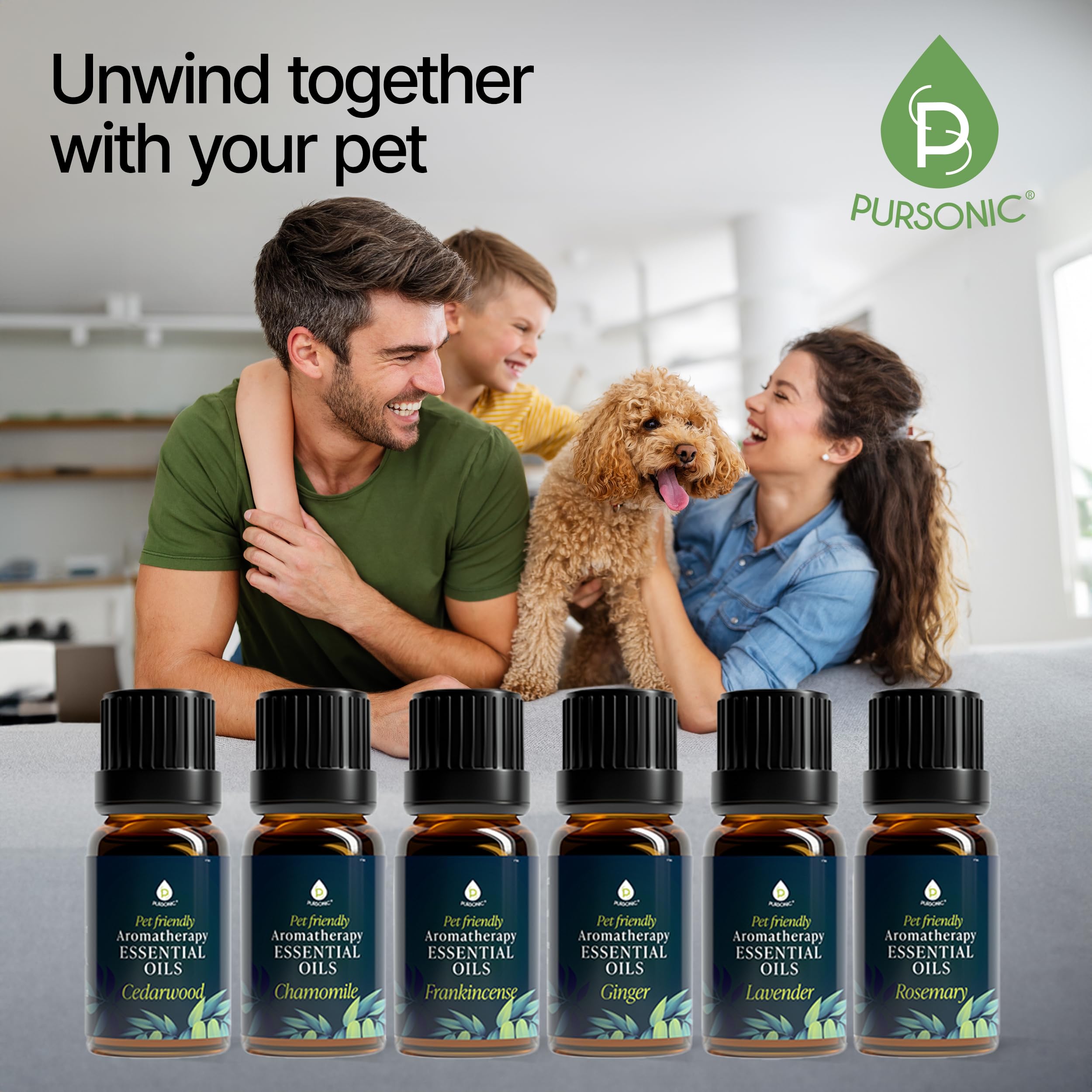 Pursonic romero, aceite para mascotas, notas refrescantes para ambiente seguro.
