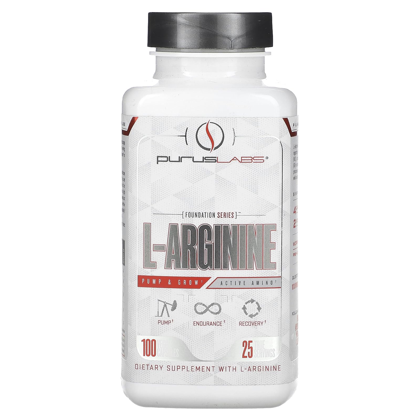 Purus Labs L-Arginina activa en botella para mayor flujo sanguíneo durante el entrenamiento.