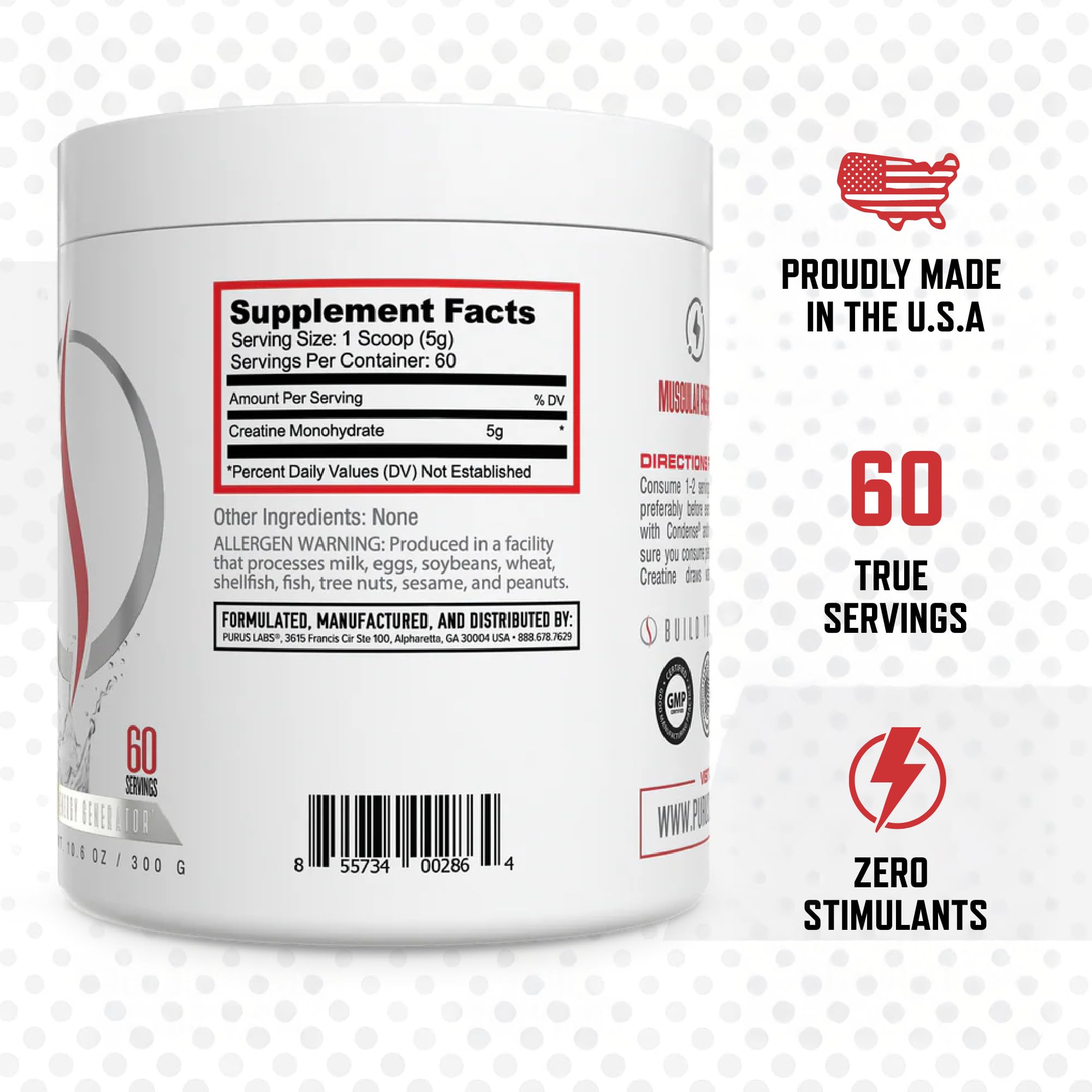 Purus Labs Creatine monohidrato con cuchara medidora para dosis precisas durante el entrenamiento.