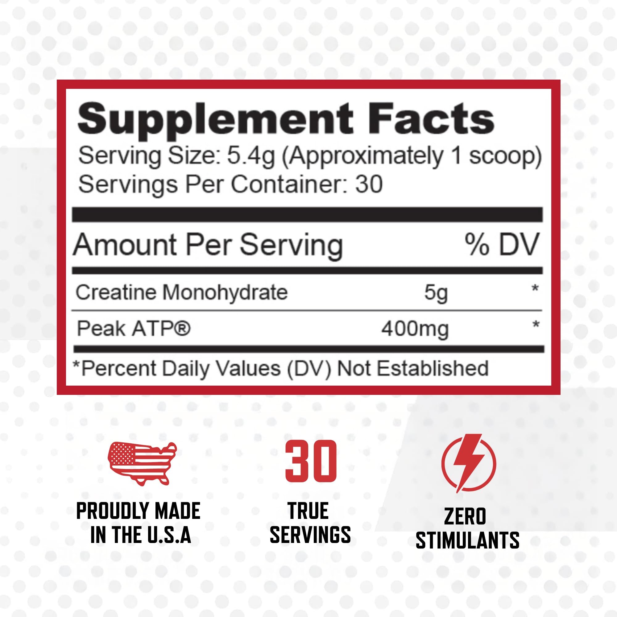 Purus Labs Creatine ATP etiqueta frontal, transparencia de ingredientes.