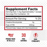 Purus Labs Creatine ATP etiqueta frontal, transparencia de ingredientes.