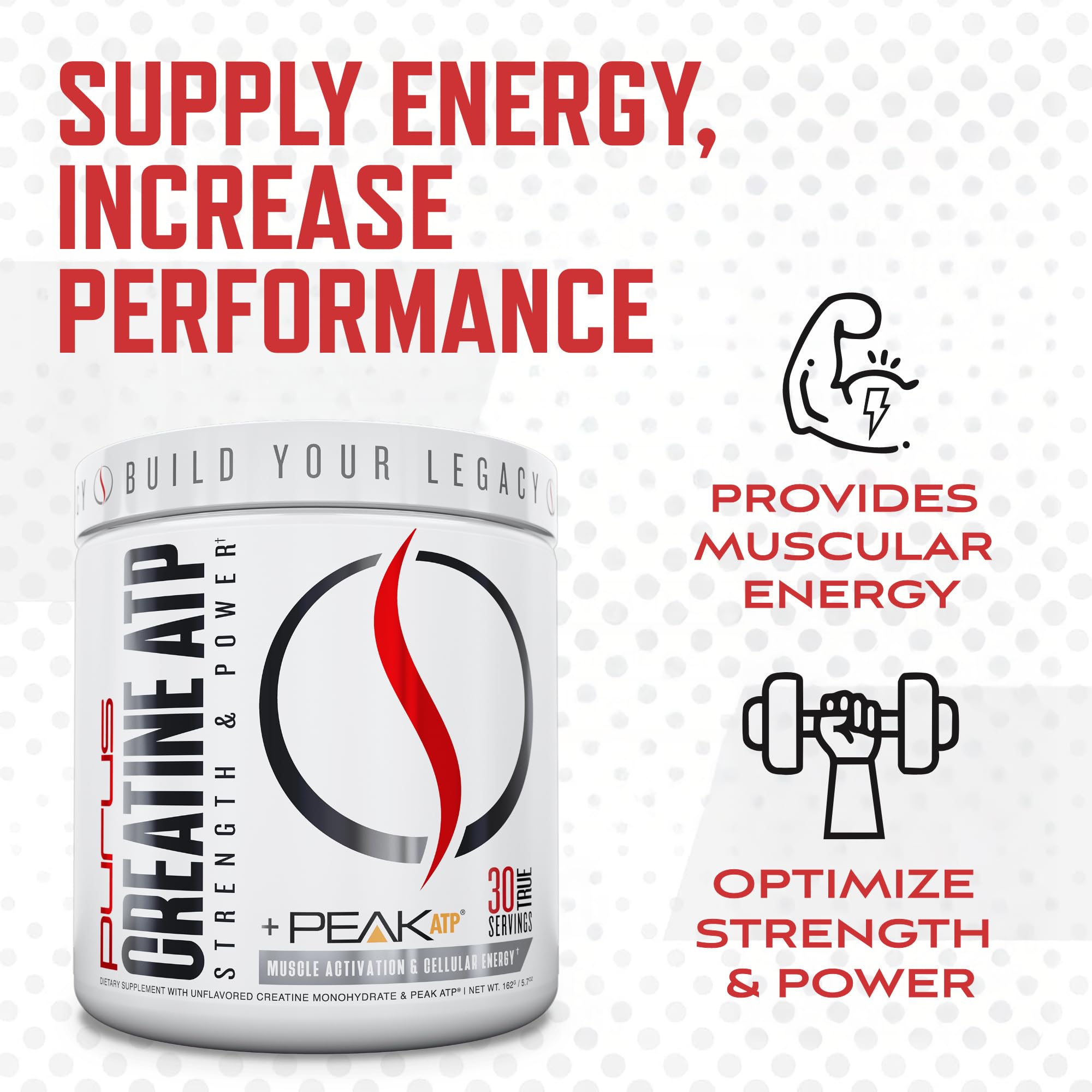 Purus Labs Creatine ATP mano abriendo frasco, preparación para fuerza.