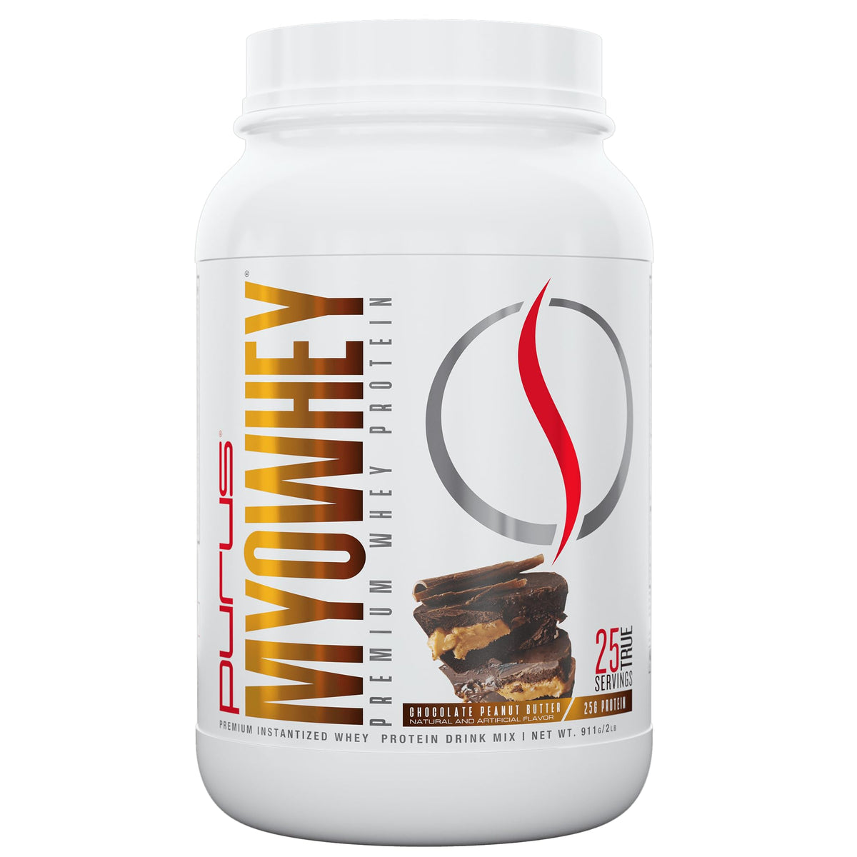 Purus Labs MyoWhey proteina en envase de 25 porciones para apoyo diario.