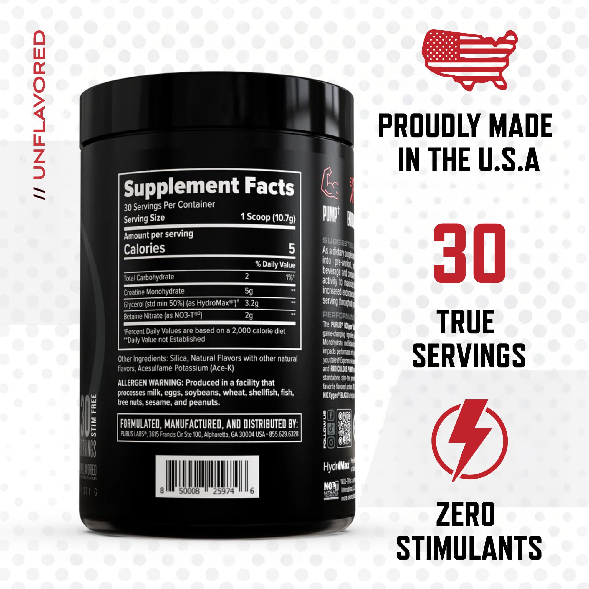 Purus Labs NOXygen Black Powder, etiqueta detallada, transparencia de ingredientes para tu confianza.