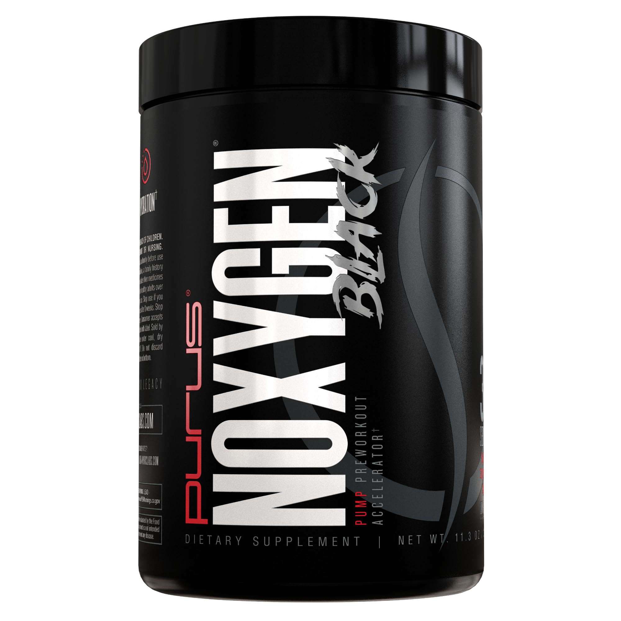 Purus Labs NOXygen Black Powder, vista frontal de la lata, potencia para entrenamientos intensos.