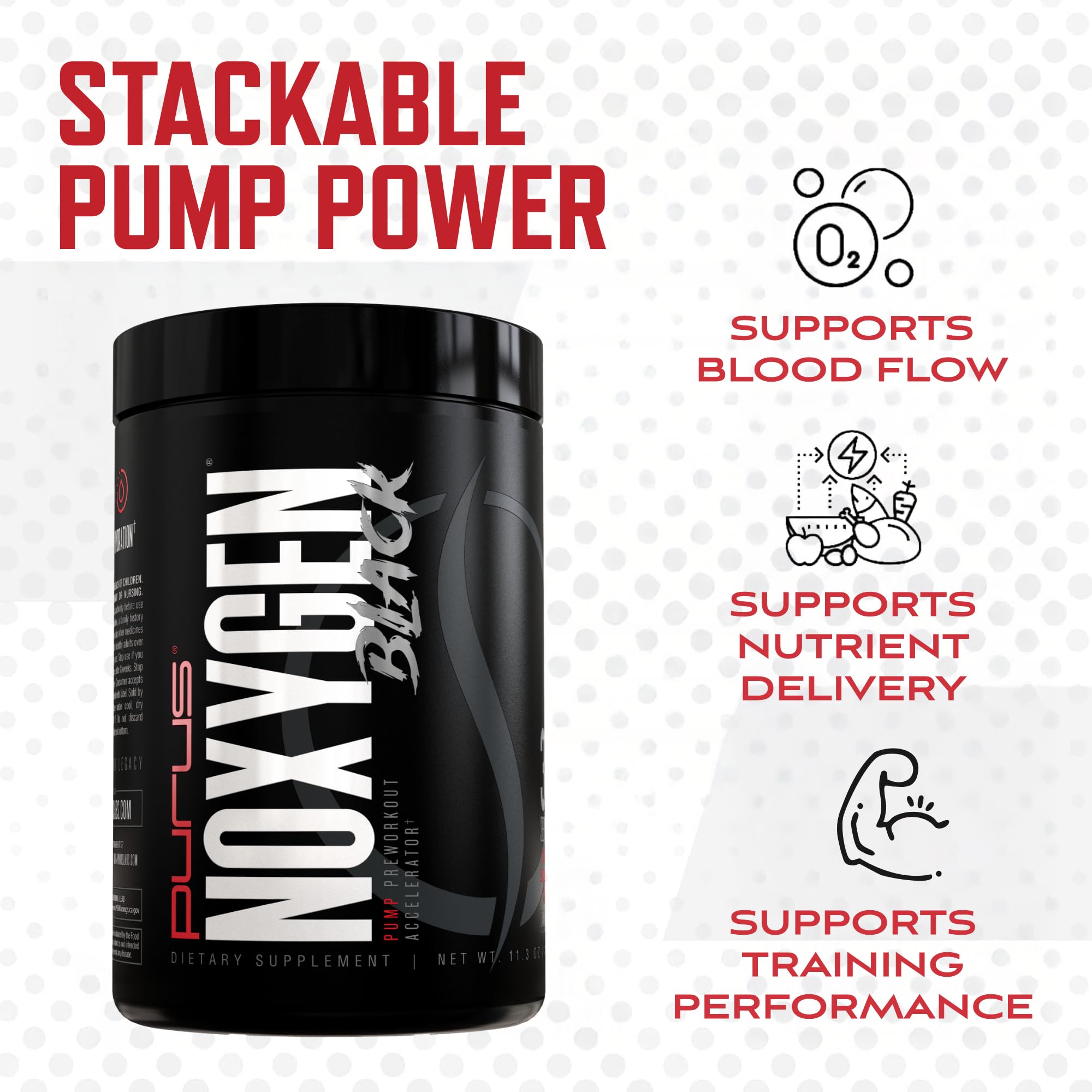 Purus Labs NOXygen Black Powder, textura de polvo suave para mezclar rápido.