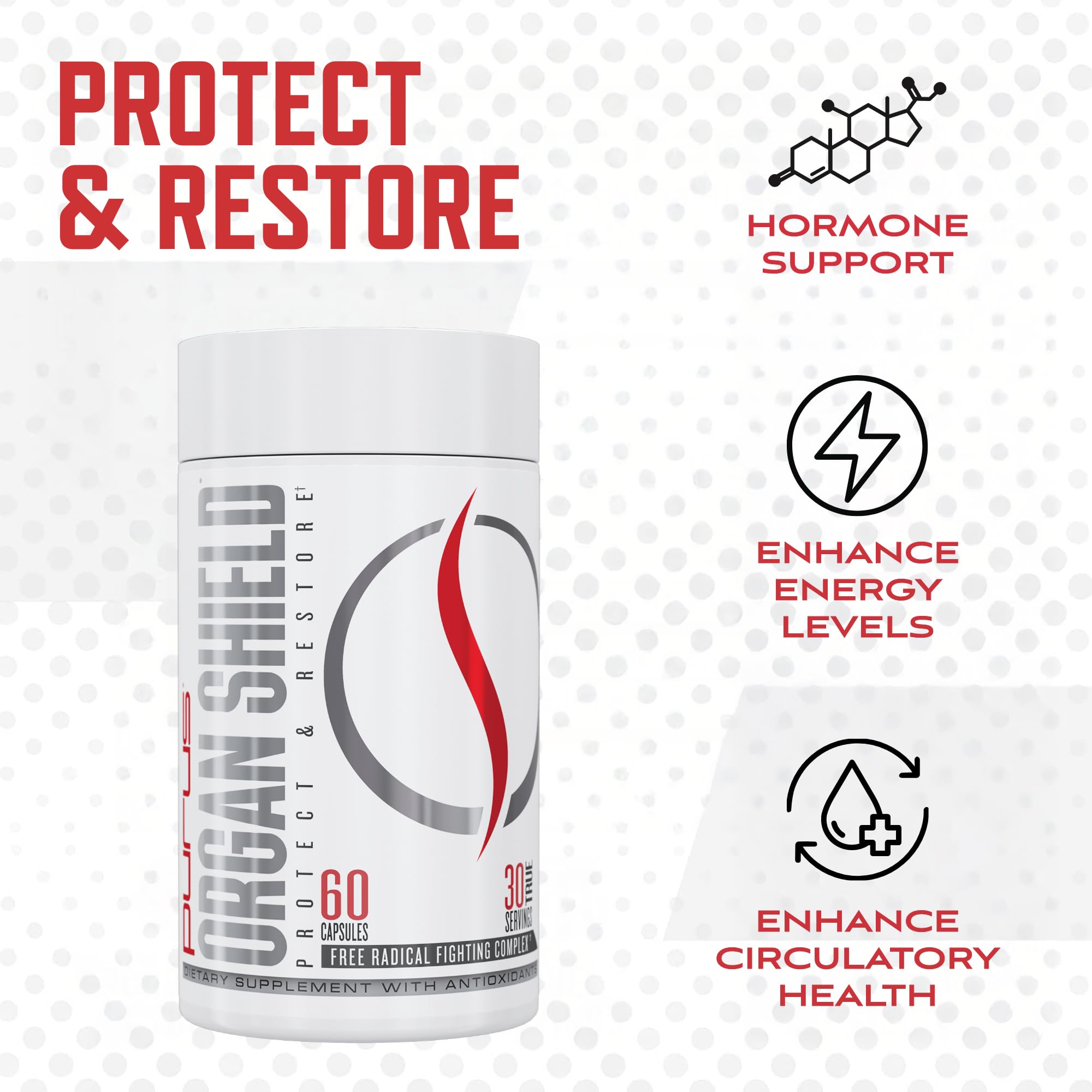 Purus Labs Organ Shield envase cerrado, transparencia de ingredientes y cantidad