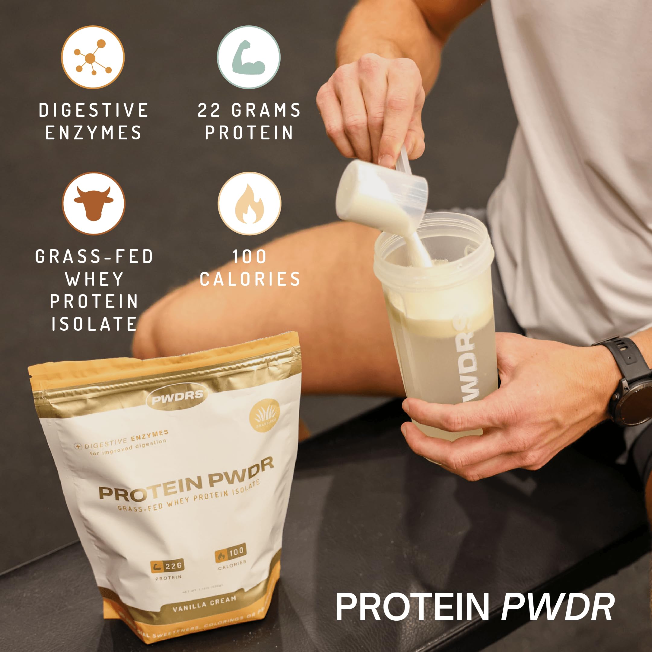 PWDRS Protein Powder caja mostrando calidad certificada por terceros.