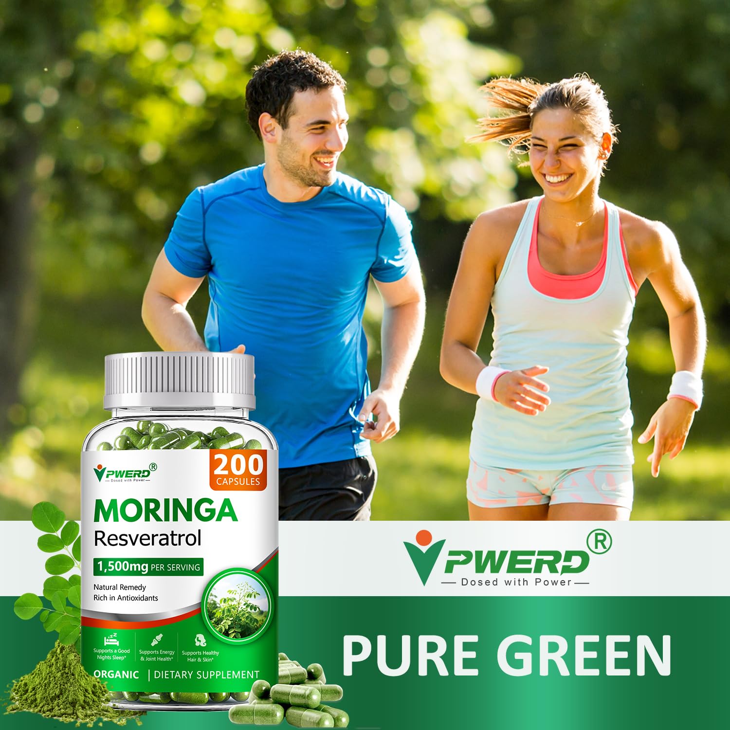 PWERD Moringa: envase completo con 200 cápsulas para suministro prolongado.
