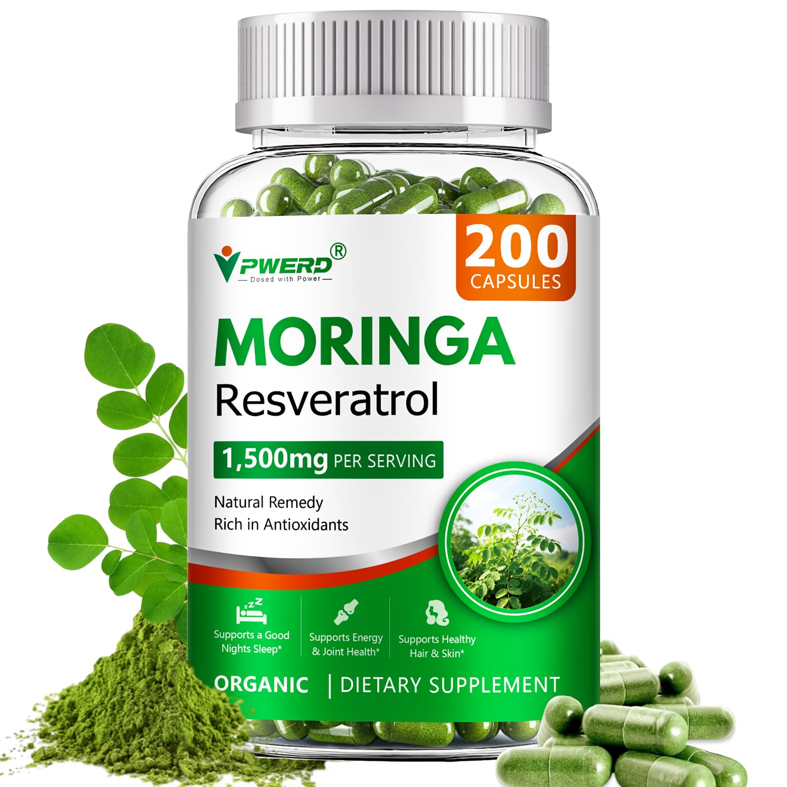 PWERD Moringa: cápsulas en frasco, energía natural para el día a día.
