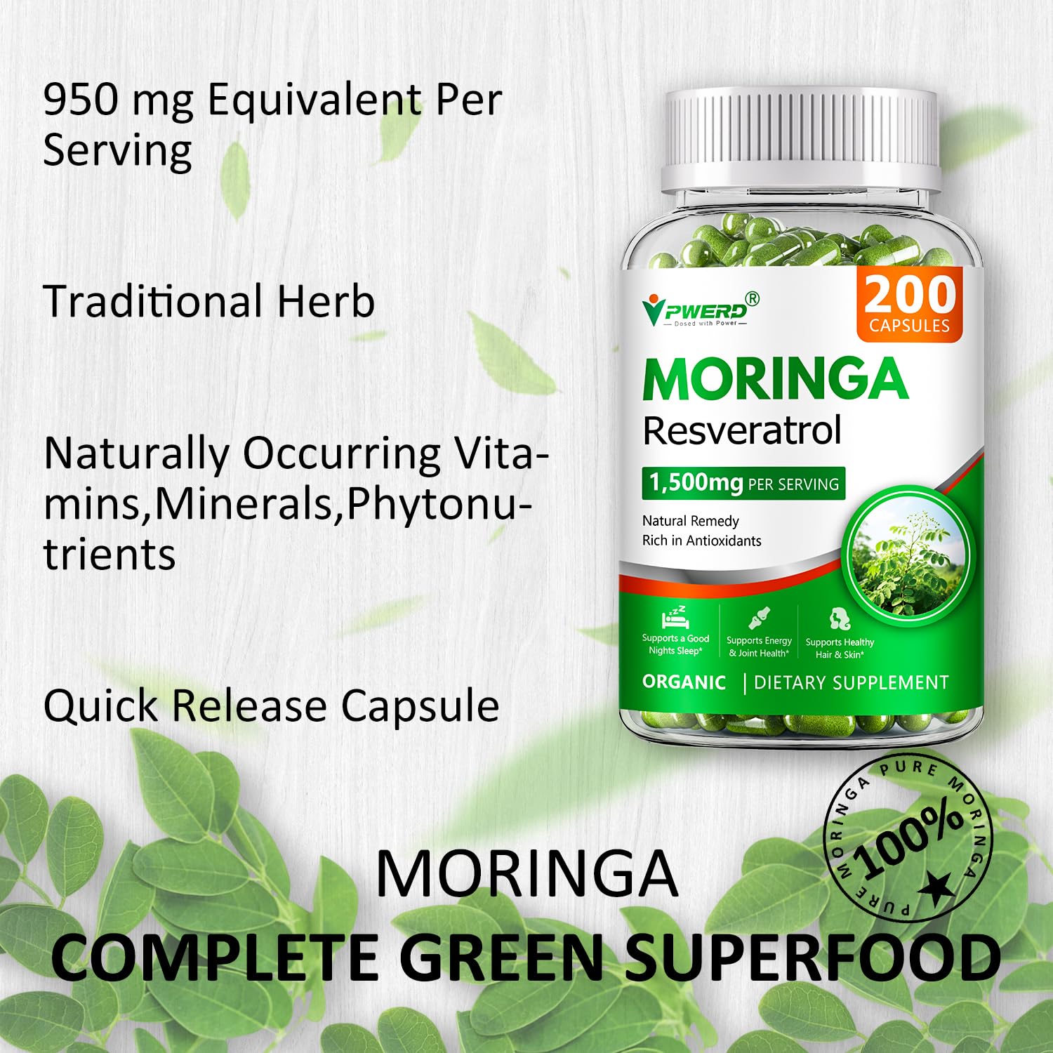 PWERD Moringa: cápsulas listas para tomar, fácil rutina diaria.