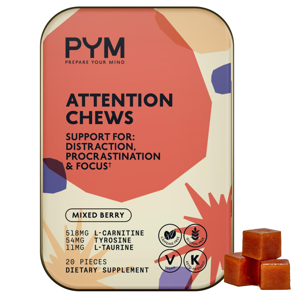 PAy Attention Chews en empaque, sabor frambuesa, ideal para enfoque suave